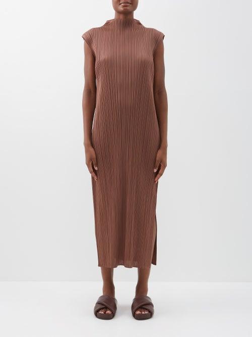 Pleats Please Issey Miyake - High-neck Technical-pleated Sleeveless Dress - Womens - Dark Brown