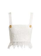 Matchesfashion.com Balmain - Fringed Tweed Crop Top - Womens - White