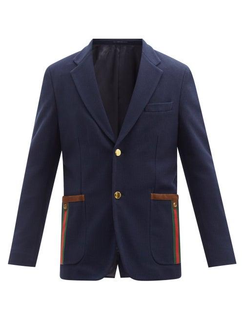 Gucci - Gg-plaque Web-stripe Double-breasted Cotton Blazer - Mens - Navy