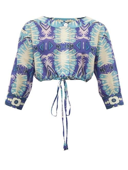 Matchesfashion.com Le Sirenuse, Positano - Emma Abstract Print Cropped Cotton Shirt - Womens - Blue Multi