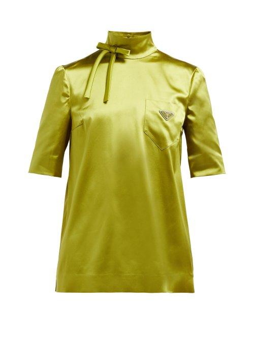 Matchesfashion.com Prada - High Neck Silk Blend Technical Satin Blouse - Womens - Green