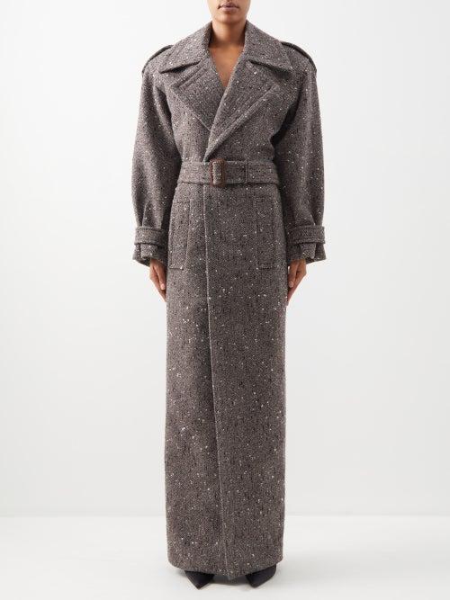 Saint Laurent - Herringbone Wool-blend Tweed Coat - Womens - Grey Ivory