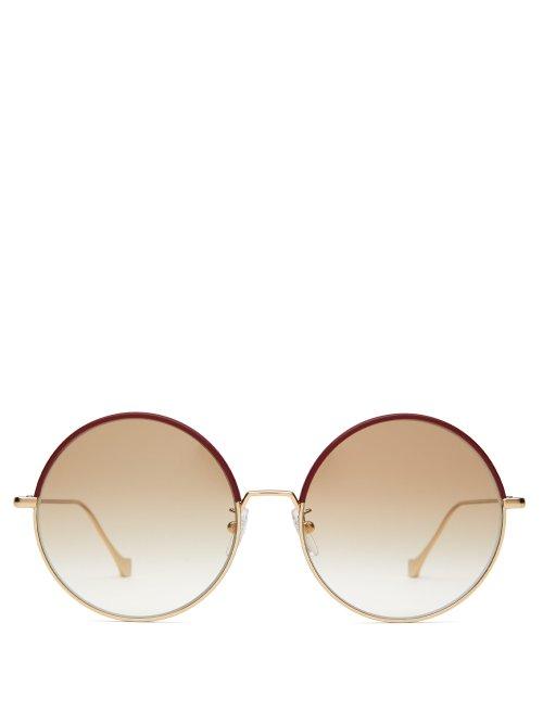 Matchesfashion.com Loewe - Round Frame Leather Trimmed Metal Sunglasses - Womens - Gold