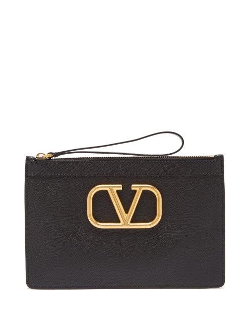 Matchesfashion.com Valentino Garavani - V-ring Grained-leather Pouch - Womens - Black