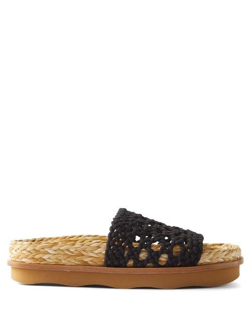 Chlo - Crochet-strap Faux-raffia Slides - Womens - Black