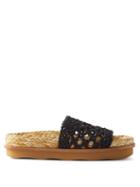 Chlo - Crochet-strap Faux-raffia Slides - Womens - Black