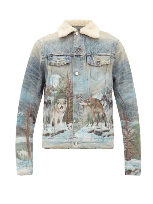 Matchesfashion.com Amiri - Shearling Airbrushed Trucker Jacket - Mens - Blue