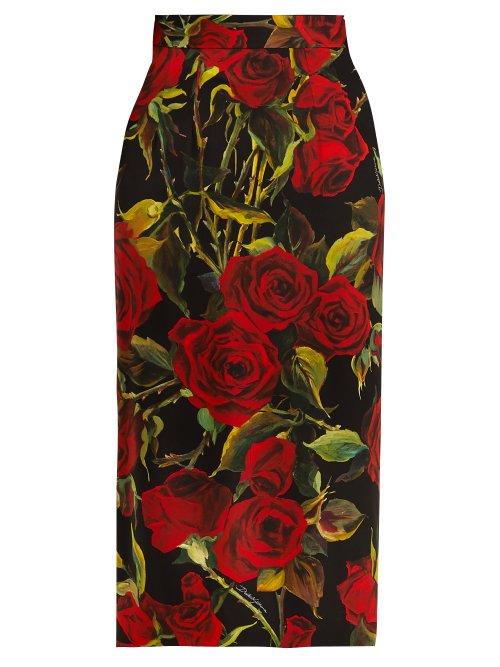 Matchesfashion.com Dolce & Gabbana - Rose Print Charmeuse Pencil Skirt - Womens - Black Multi