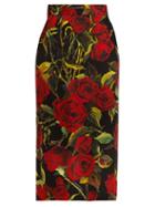 Matchesfashion.com Dolce & Gabbana - Rose Print Charmeuse Pencil Skirt - Womens - Black Multi