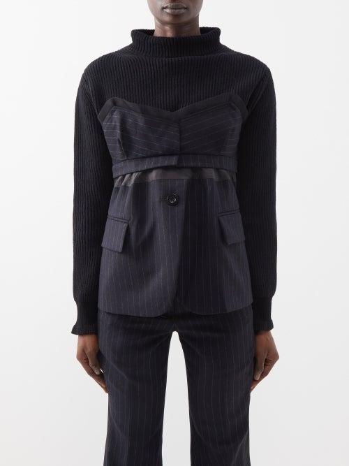 Sacai - Roll-neck Ribbed And Pinstriped Wool Sweater - Womens - Black Navy