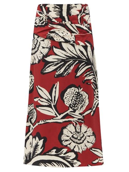 Johanna Ortiz - Novelistic Reality Floral-print Twill Midi Skirt - Womens - Burgundy