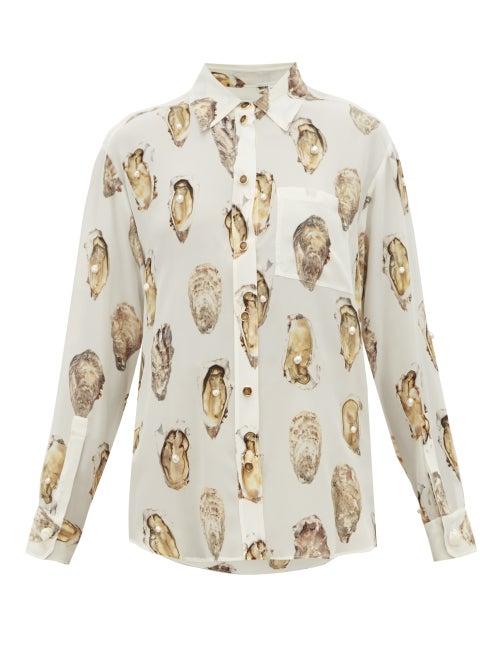Matchesfashion.com Burberry - Oyster Print Pearl Embroidered Silk Blouse - Womens - White Print