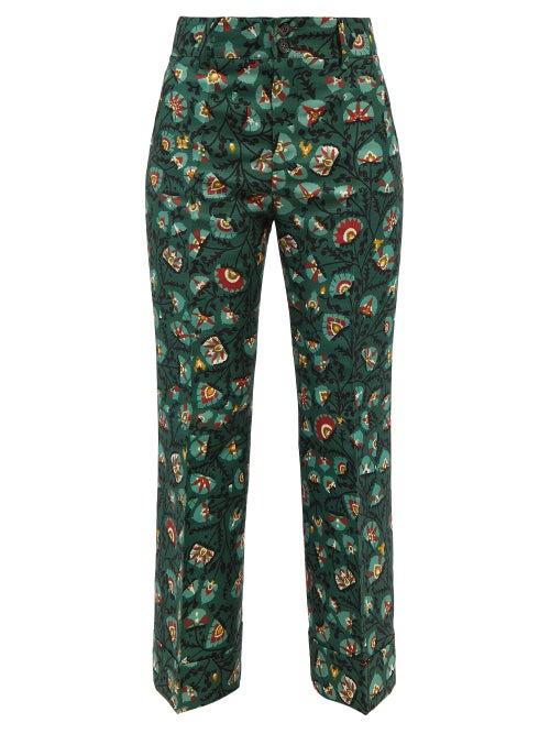 La Doublej - Hendrix Suzany-print Flared Wool-blend Trousers - Womens - Green Multi