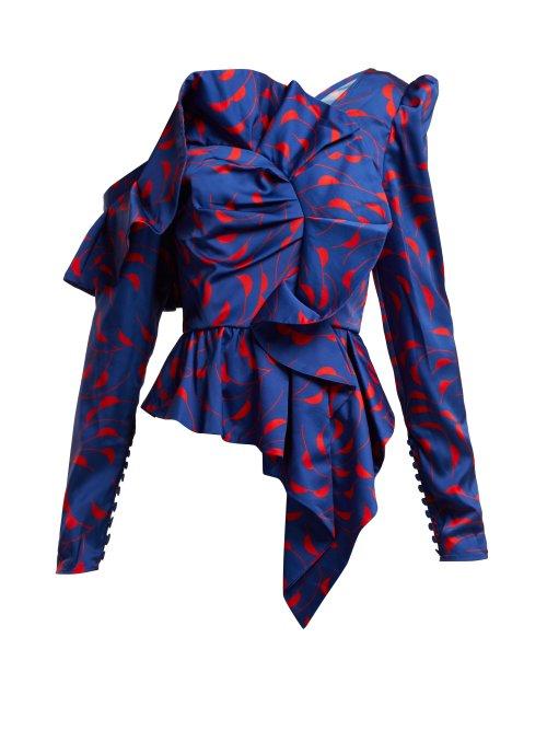 Matchesfashion.com Self-portrait - Ruffled Off The Shoulder Asymmetric Satin Top - Womens - Navy Multi