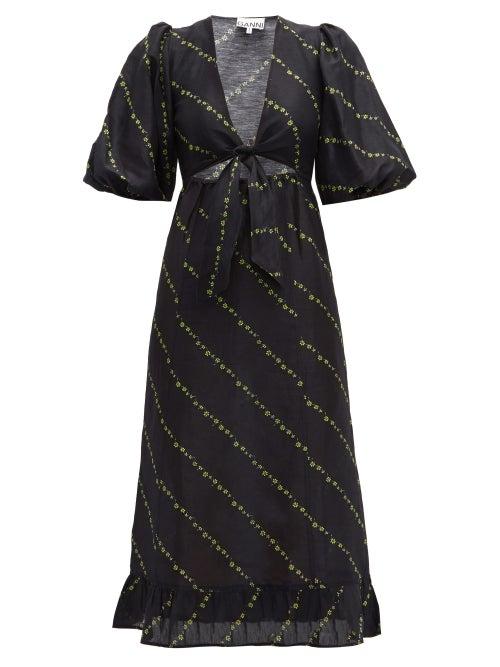 Matchesfashion.com Ganni - Tie Front Floral Print Linen Blend Midi Dress - Womens - Black Multi