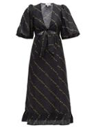 Matchesfashion.com Ganni - Tie Front Floral Print Linen Blend Midi Dress - Womens - Black Multi