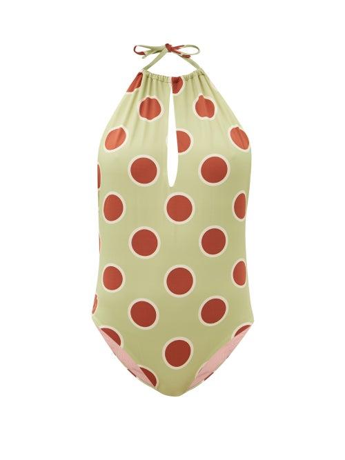 Matchesfashion.com Cala De La Cruz - Chiara Halterneck Polka-dot Swimsuit - Womens - Green Multi