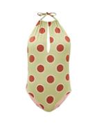 Matchesfashion.com Cala De La Cruz - Chiara Halterneck Polka-dot Swimsuit - Womens - Green Multi