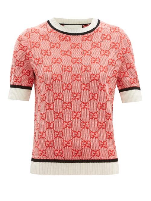Matchesfashion.com Gucci - Gg Jacquard Short Sleeved Wool Blend Sweater - Womens - Red Multi
