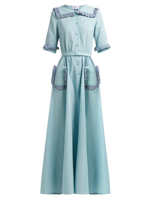 Matchesfashion.com Luisa Beccaria - Ruffled Polka Dot Cotton Blend Midi Dress - Womens - Light Green