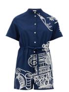 Matchesfashion.com Kilometre Paris - Villa Santo Sospir Embroidered Cotton Playsuit - Womens - Navy Print