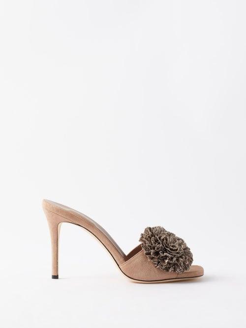 Serena Uziyel - Lavinia 90 Floral-embellished Suede Mules - Womens - Nude