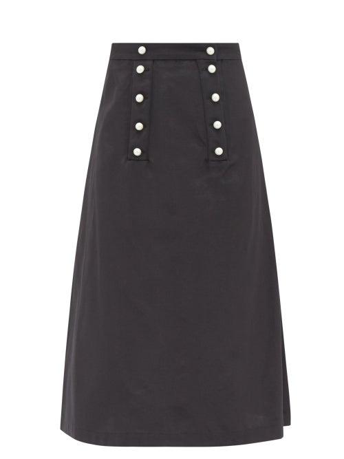 Batsheva - Buttoned Moir Midi Skirt - Womens - Black