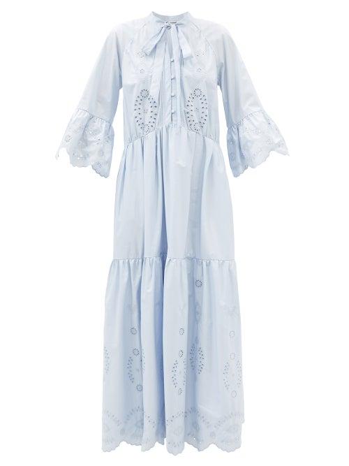 Self-portrait - Broderie-anglaise Poplin Maxi Dress - Womens - Light Blue