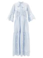 Self-portrait - Broderie-anglaise Poplin Maxi Dress - Womens - Light Blue