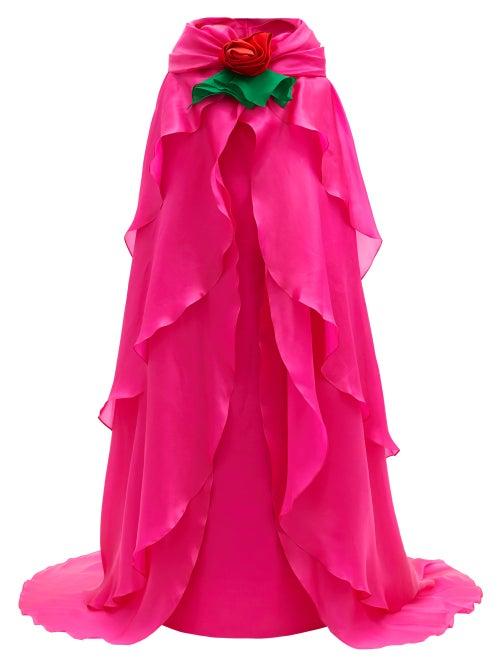 Matchesfashion.com Richard Quinn - Rose-corsage Tiered Cape-back Silk-chiffon Gown - Womens - Pink