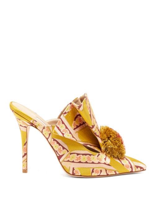 Matchesfashion.com Andrea Mondin - Antoinette Pom Pom Brocade Mules - Womens - Yellow Multi