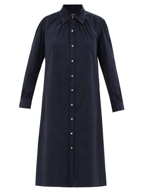 A.p.c. - Pintucked-sleeve Corduroy Shirt Dress - Womens - Navy