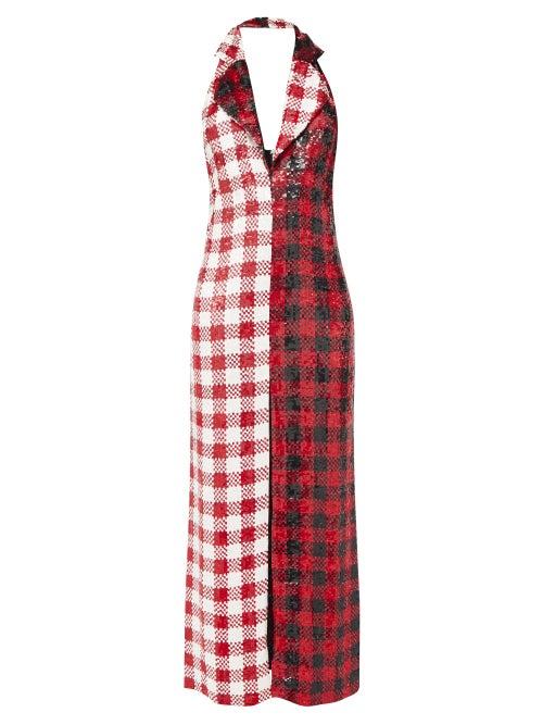 Matchesfashion.com Ashish - Halterneck Gingham Sequinned Dress - Womens - Red White