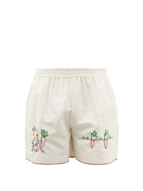 Harago - Carrot Farm Embroidered Cotton Shorts - Mens - White Multi