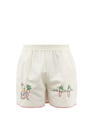 Harago - Carrot Farm Embroidered Cotton Shorts - Mens - White Multi