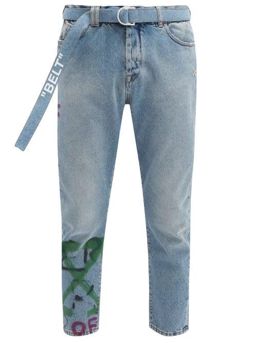 Matchesfashion.com Off-white - Graffiti Logo Slim Leg Jeans - Mens - Light Blue