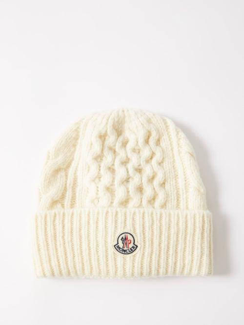 Moncler - Logo-patch Cable-knit Wool-blend Beanie Hat - Womens - White