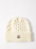 Moncler - Logo-patch Cable-knit Wool-blend Beanie Hat - Womens - White