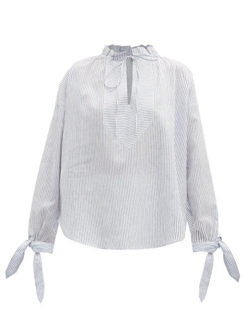 Matchesfashion.com Belize - Nika Tie Neck Striped Linen Blend Blouse - Womens - Blue White
