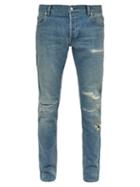 Matchesfashion.com Balmain - Distressed Mid Rise Skinny Jeans - Mens - Blue