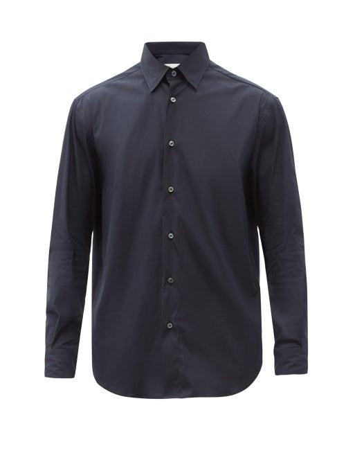 Matchesfashion.com Brioni - Spread-collar Cotton-blend Poplin Shirt - Mens - Dark Blue