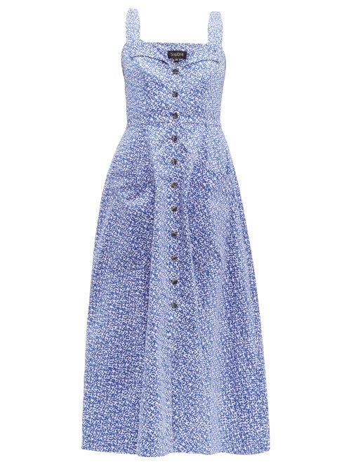 Matchesfashion.com Saloni - Fara Printed Cotton Blend Dress - Womens - Blue Multi