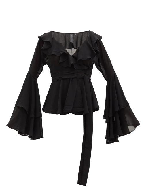 Matchesfashion.com Norma Kamali - Peplum-hem Ruffled Chiffon Wrap Top - Womens - Black