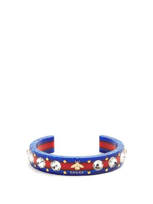 Matchesfashion.com Gucci - Web Crystal Embellished Plexiglas Cuff - Womens - Blue