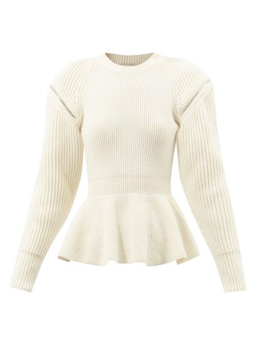 Alexander Mcqueen - Shoulder-zip Peplum Ribbed Wool Sweater - Womens - Ivory