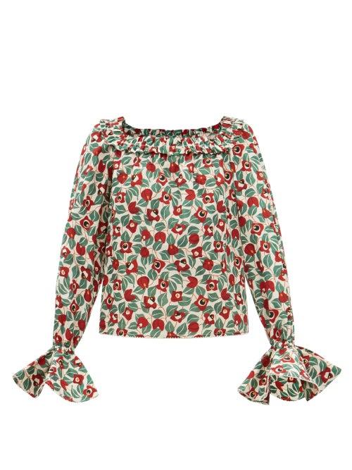 Agua By Agua Bendita - Pina Botanical-print Ruffled Poplin Top - Womens - Red Print