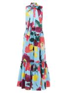 Matchesfashion.com La Doublej - Lou Lou Floral Print Pussy Bow Cotton Dress - Womens - Blue Print