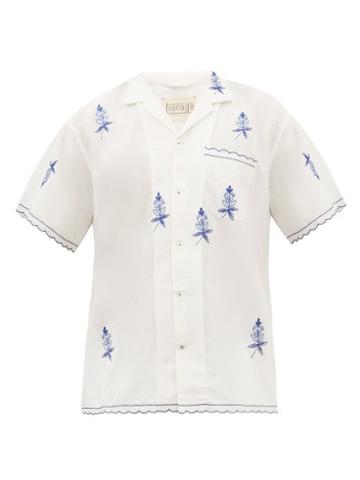 Harago - Embroidered Cotton Short-sleeved Shirt - Mens - White Multi