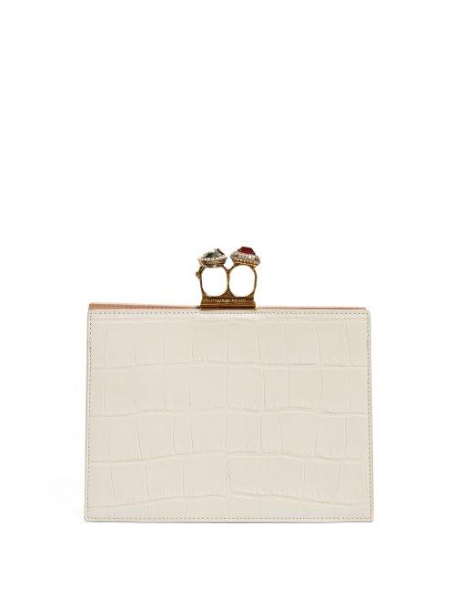 Matchesfashion.com Alexander Mcqueen - Knuckle Crocodile Effect Leather Clutch - Womens - White