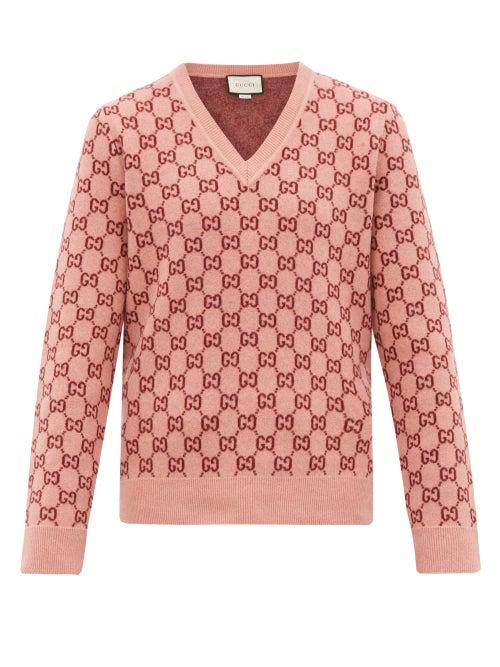 Matchesfashion.com Gucci - Gg Monogram Felted-wool Blend V-neck Sweater - Mens - Pink